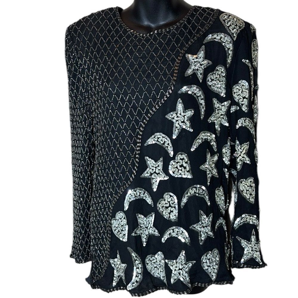 Vintage sweelo beaded sequined celestial‎ witchy silk artsy  abstract top xxl
